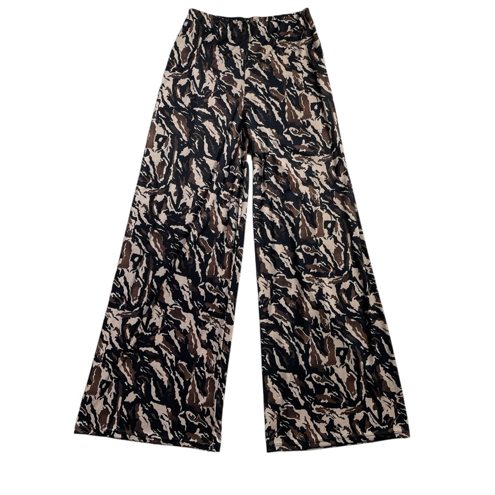Zara Basic Palazzo Leg Pants Black Brown Camouflage Stretch Trousers Size Small